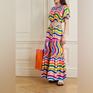 FARM RIO Dancing Stripes cropped poplin top + matching maxi shirt — size small